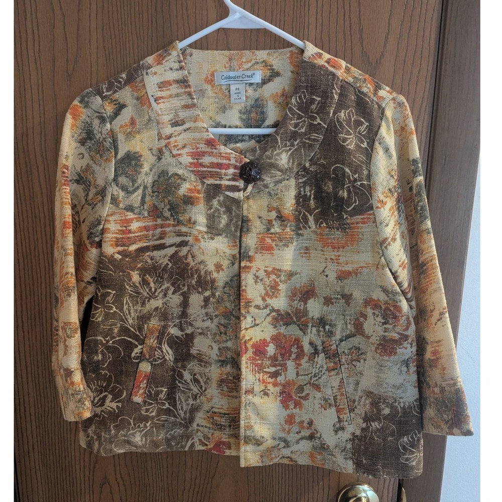 Coldwater Creek Petite Tapestry Jacket Brown Orange Floral Art To Wear PS
